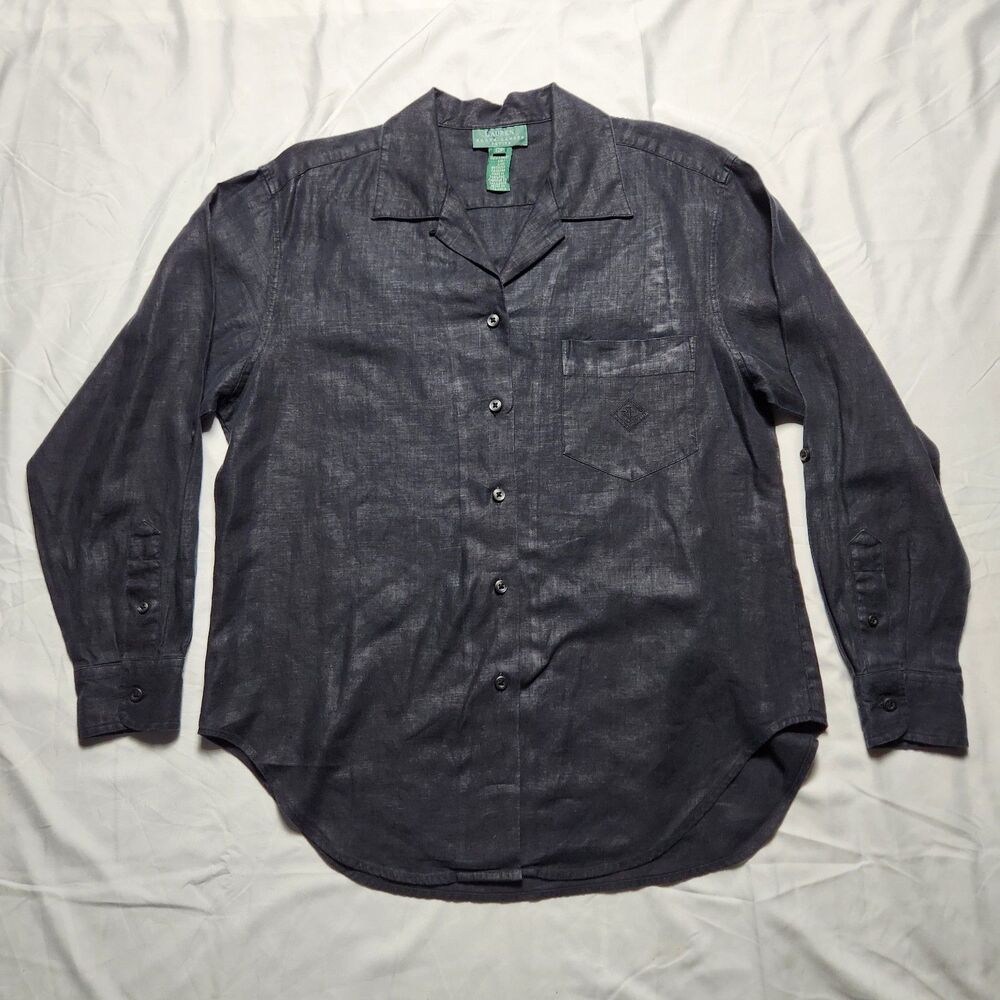 Lauren Ralph Lauren Womens 12P 100% Linen Button Up Tunic Shirt Black Luxury